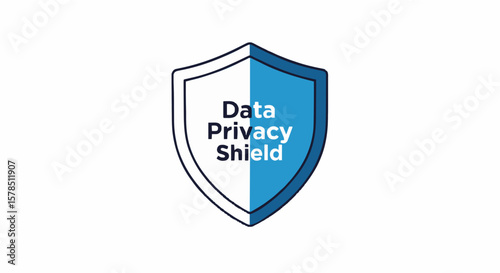 A shield divided into white and blue, displaying "Data Privacy Shield" text, symbolizing protection.