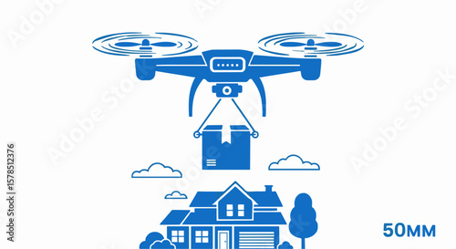 Drone delivering package to residential house.
