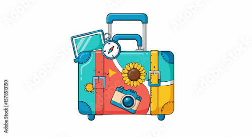 A colorful suitcase filled with travel essentials, decorated with stickers and gadgets.