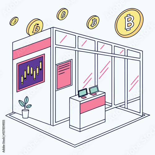 Isometric view of a crypto booth with bitcoin coins, computers, and a plant in a modern design