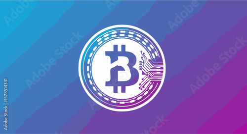 Abstract digital graphic of a Bitcoin symbol, overlaid with circuit board elements, on a vibrant gradient background.