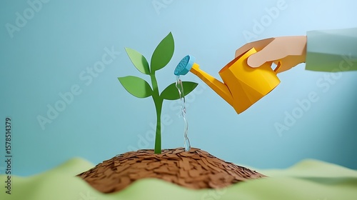 heartwarming 3D paper craft scene symbolizing educational growth and nurturing a gentle hand made from layered paper is shown pouring water