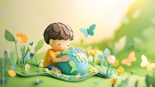 heartwarming 3D or paper craft-style illustration of a little boy gently hugging a small Earth globe, surrounded by peaceful, natural scenery