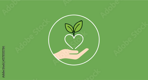 A hand cradles a heart shape with growing leaves, symbolizing growth and care.