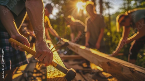 volunteers building a house hammers and nails on wooden beams f aperture golden hour