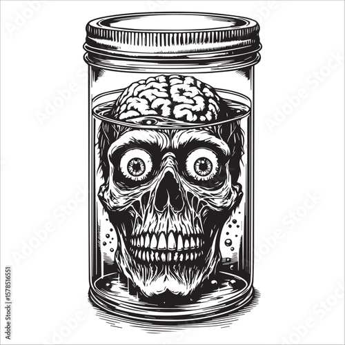 Human Skull and Brain in Specimen Jar