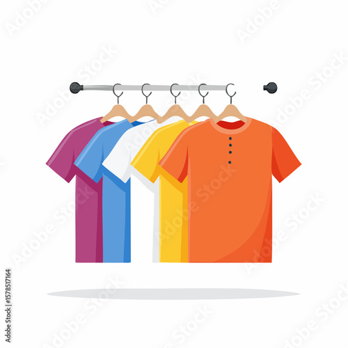 Colorful t shirts hanging on hangers in a clothing store