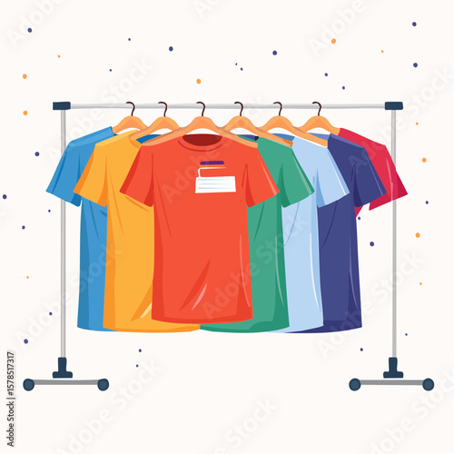 Colorful t shirts hanging on hangers in a clothing store