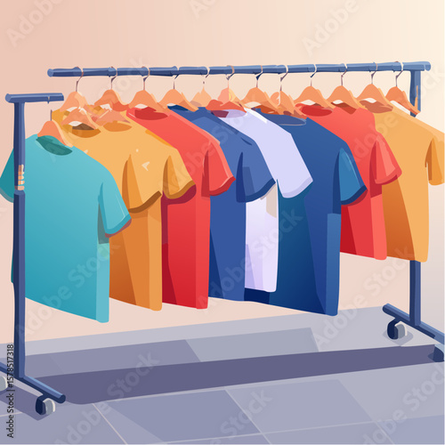 Colorful t shirts hanging on hangers in a clothing store