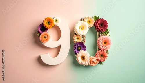 Number 90 made out of flowers with colored background. Photo for 90th birthday or anniversary party