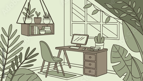 Illustration of a home office with desk, chair, computer, plants, and a window, in a muted color palette