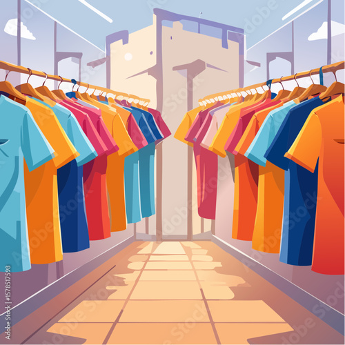 Colorful t shirts hanging on hangers in a clothing store