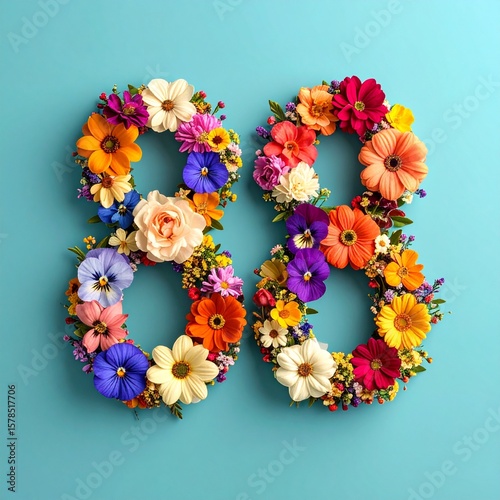 Number 88 made out of flowers with colored background. Photo for 88th birthday or anniversary party