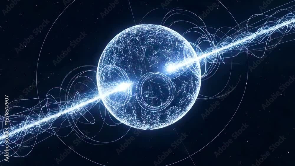 Glowing celestial sphere emitting radiant energy waves in a vast cosmic background
