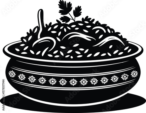 Black silhouette of biryani in a decorative pot rice