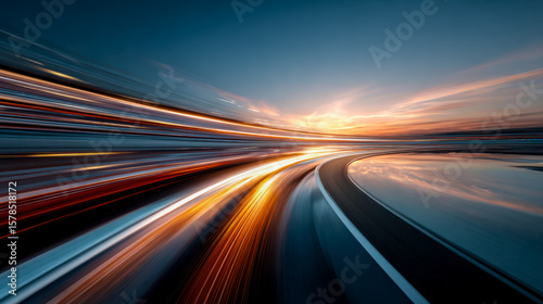 Dynamic light streaks on a curving highway at sunset