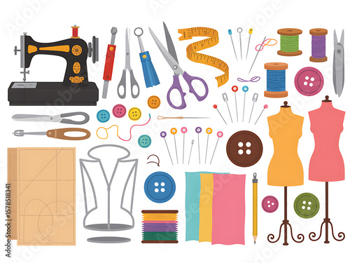 Sewing Tools and Tailoring Equipment Clipart Fashion Design Elements Set.