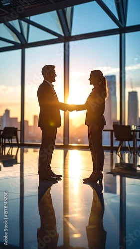Skyline Deal Two silhouetted business people shake hands in a high-rise office with a cityscape backdrop at sunset