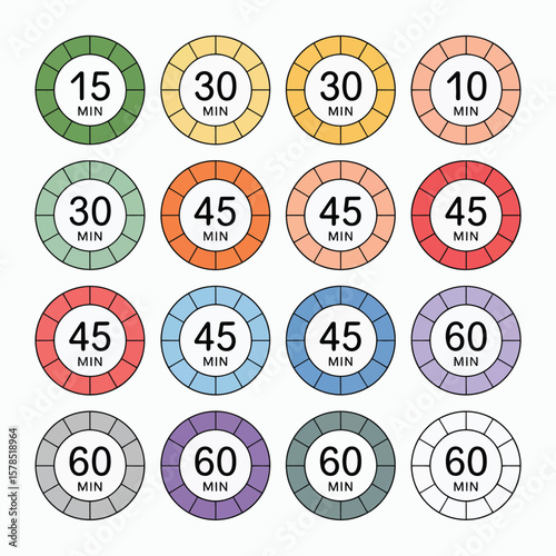 Colorful Circular Timer Icons Showing Minutes