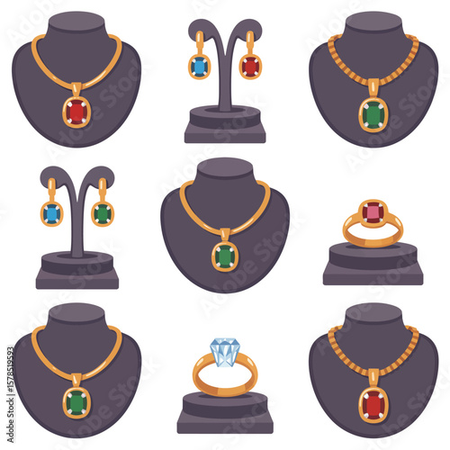 Gold Jewelry Collection with Gemstones on Display Stands