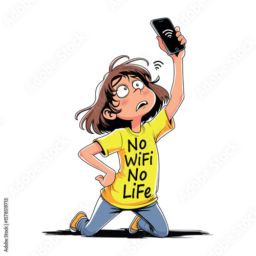 Hilarious cartoon of a desperate girl kneeling with her phone raised, trying to find a signal. Wearing a yellow shirt that reads “No WiFi No Life.” Perfect for memes, humor, and prints.