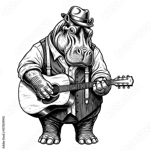 Hippo Acoustic Guitarist Blues Style - High-detail black and white illustration for T-Shirt, Tattoo, and Coloring Page
