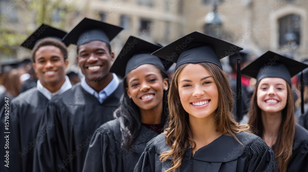 Group of graduation students with diplomas outdoors, no logos, no brands Group of graduation students with diplomas outdoors, no logos, no brands