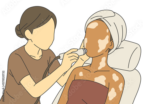 Flat vector woman consults specialist for skin discoloration. Clinical assessment of vitiligo in adult woman. Dermatologist examines female patient with pigmentation disorder.