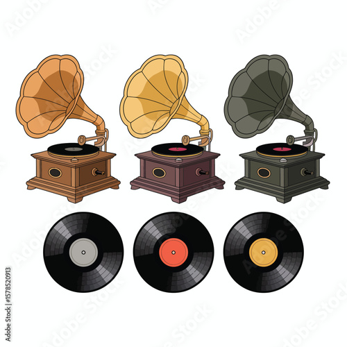 Three Vintage Gramophones with Records in Different Colors