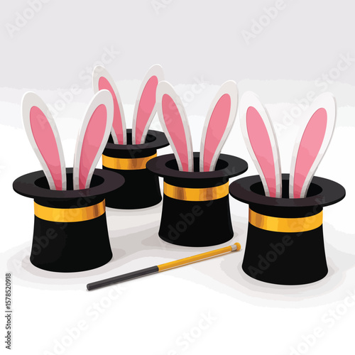 Four Top Hats with Bunny Ears Magic Trick Illustration