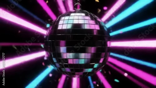 Rotating Disco Ball with Pulsing Neon Beams and Reflections