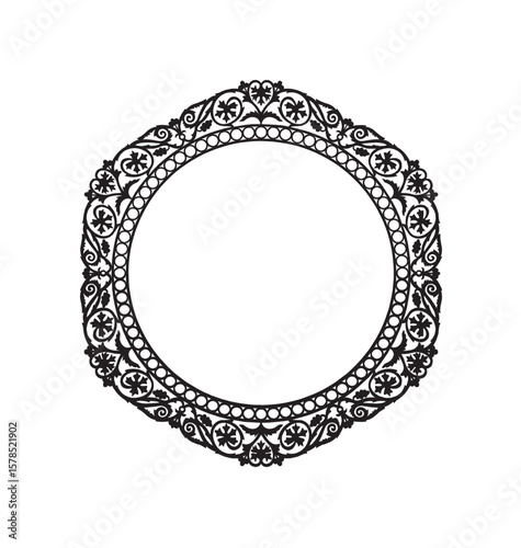 Intricate black and white circular decorative frame design on white background.
