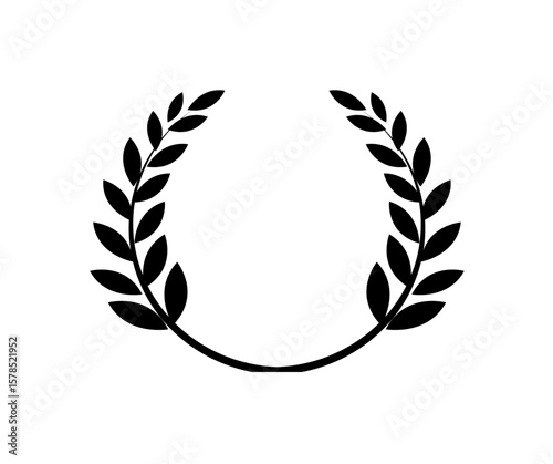 Black laurel wreath, symmetrical, curving around, with leaves on both sides, isolated on white.