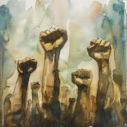watercolor protest scene with raised fists muted tones on fists .