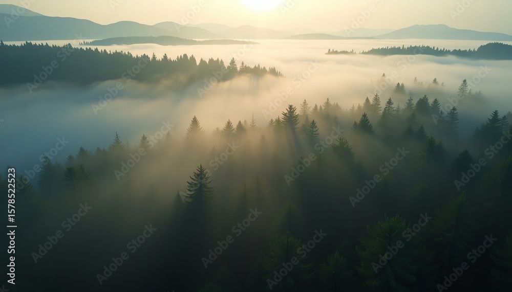 Fototapeta premium Foggy Sunrise Mountain Forest