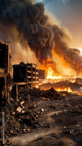 Cityscape view of burning buildings and heavy smoke after destruction event in post-apocalyptic setting at sunset, rubble and debris.