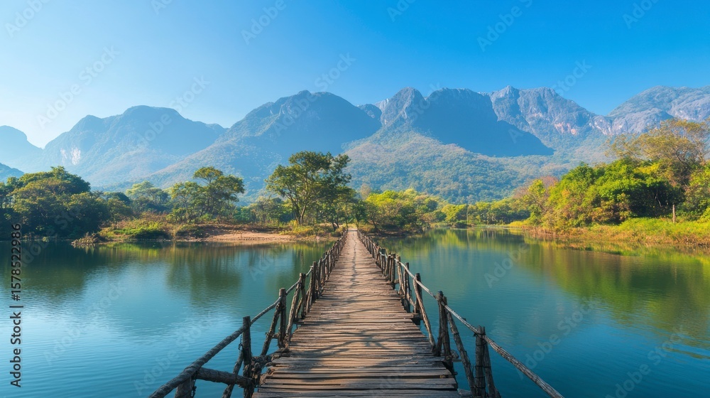 Wooden bridge leading to tranquil lake and mountain range under a clear blue sky. Wooden bridge leading to tranquil lake and mountain range under a clear blue sky.