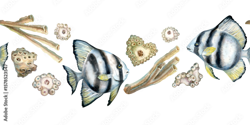 Fototapeta premium Seamless border of black-white striped tropical fish, beige corals on the reefs. Watercolor template of seascape in beige tones isolated on white background for sea design, diving, scrapbook, sticker