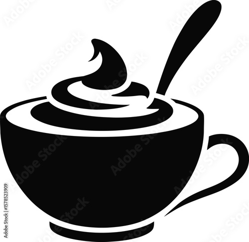 Black silhouette of yogurt with spoon in cup vector