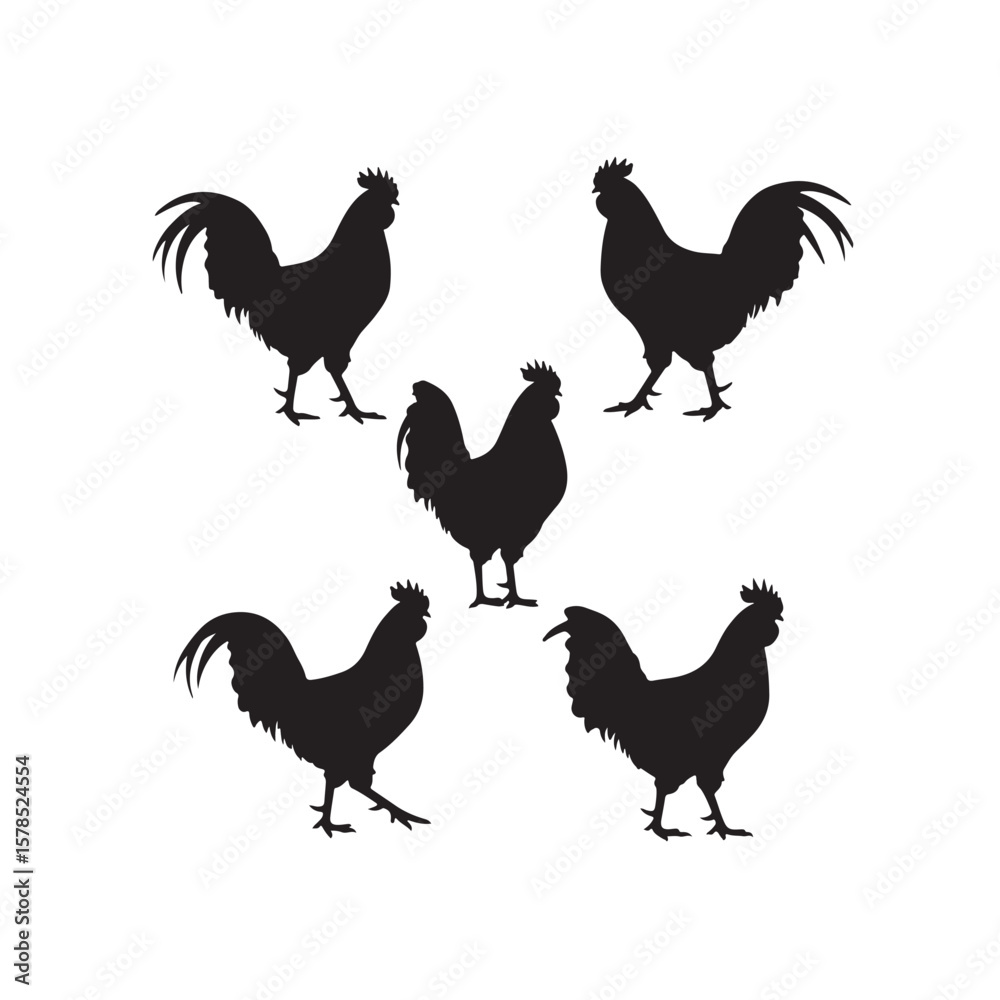 Fototapeta premium Rooster Silhouettes icon vector flat illustration on white background.