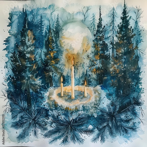 watercolor winter solstice scene with candles and evergreens .