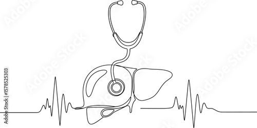 Liver health checkup concept with stethoscope and heartbeat line art vector illustration design 100char