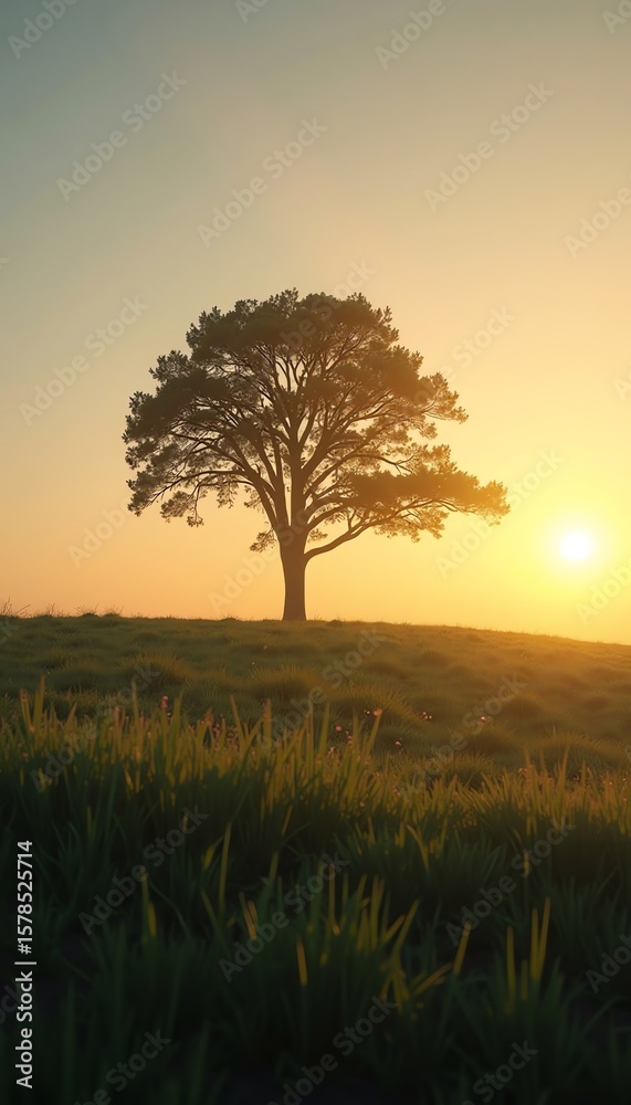 Fototapeta premium Lone Tree Sunset Meadow Landscape