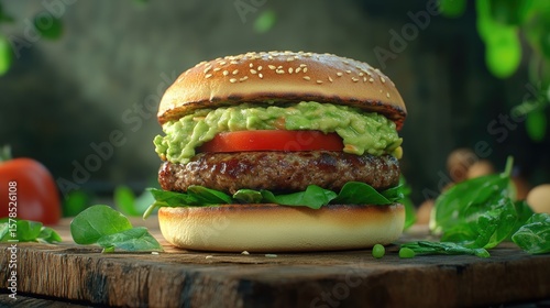 Tasty Vegan meat free burger with guacamole and spinach. Healthy food photo