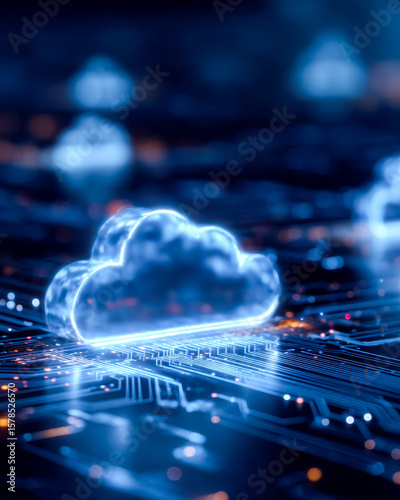 Digital cloud computing concept with glowing cloud symbols on a futuristic circuit board background