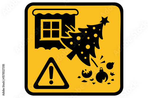 Warning sign of a Christmas tree being thrown out of a window with a festive vibe on a bright background