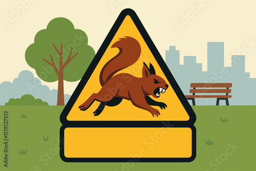 warning sign about aggressive squirrel in a park setting