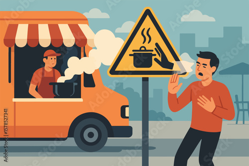 man reacting to hot food warning sign near a food truck with a chef serving