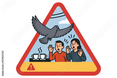 warning sign about low-flying pigeon with surprised people at a café