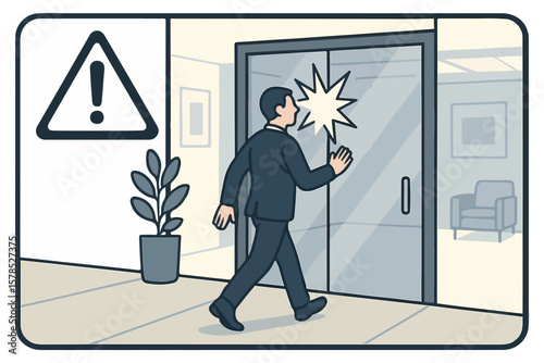 businessman walking towards a glass door with a warning sign in a modern office environment